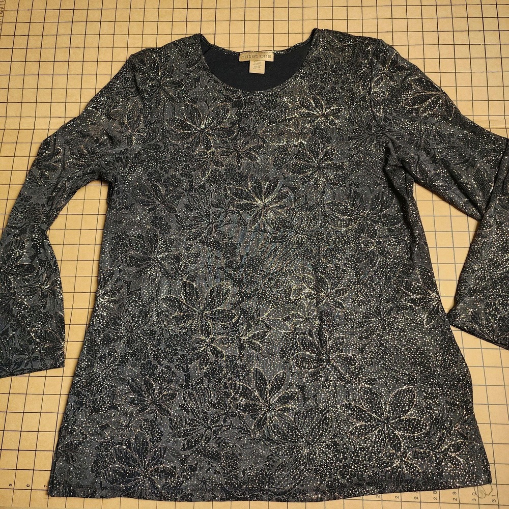 Notations XL Black Gold Glitter Floral Blouse Long Sleeve Scoop Neck Made in USA
